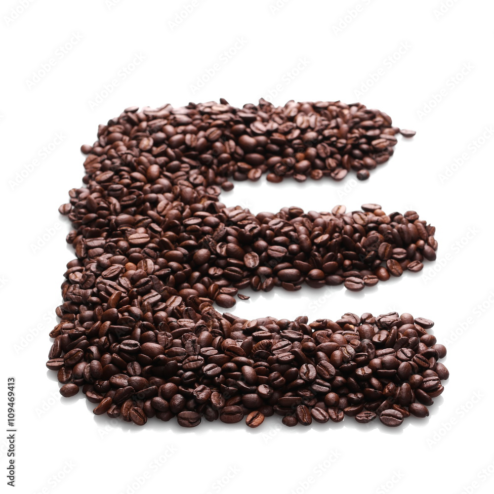 letter e, alphabet from coffee beans isolated on white background letter e, alphabet from coffee beans isolated on white background