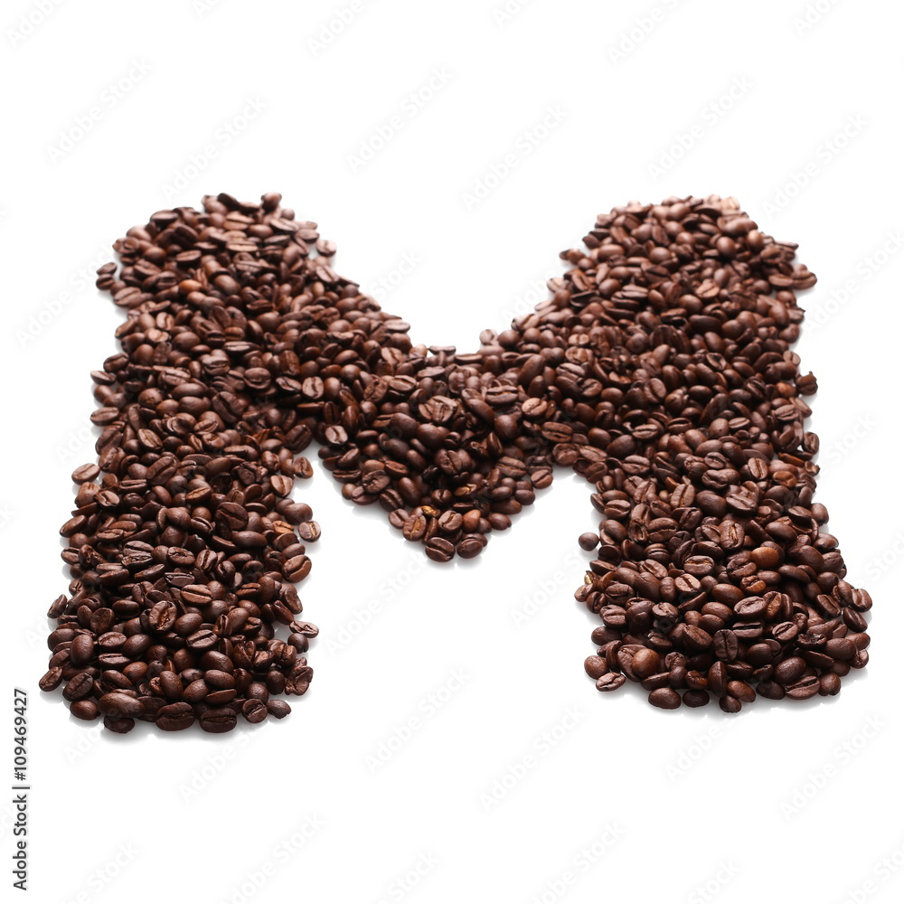 letter m, alphabet from coffee beans isolated on white background letter m, alphabet from coffee beans isolated on white background