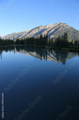 Mount Norquay reflecting in the Bow river.  Shot in the Banff town site  in Banff National Park  Alberta  Canada..