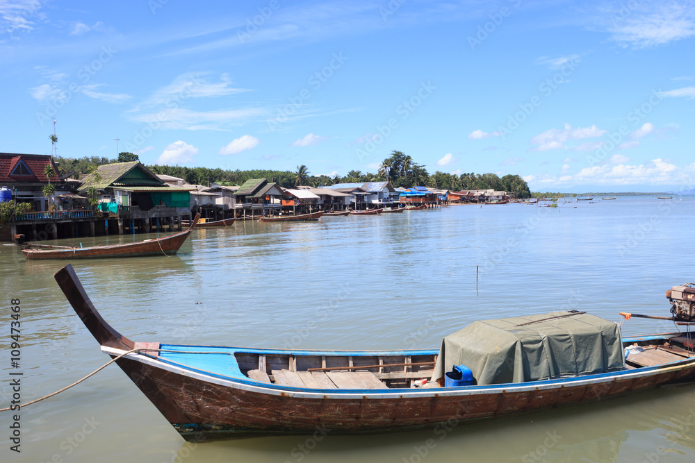 Close up head of long tail boat with goods in sea Trang, Thailand