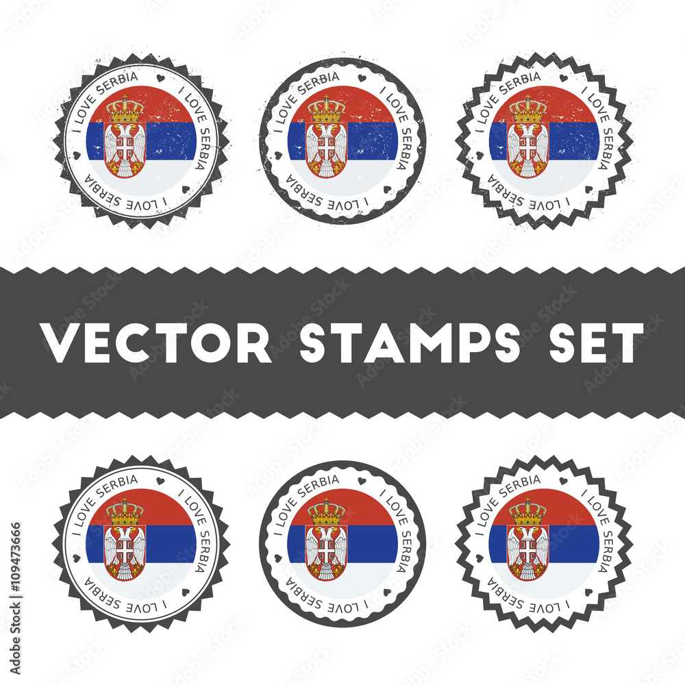 I Love Serbia vector stamps set. Retro patriotic country flag badges. National flags vintage round signs.