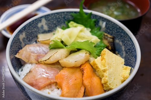 Seafood aburi donburi rice bowl.