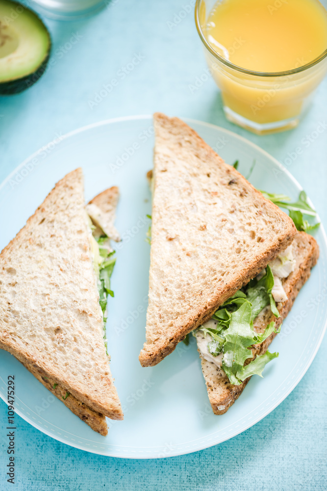 Chicken and avocado wholegrain bread sandwich