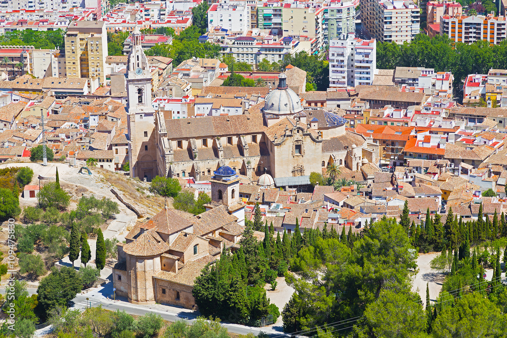 Xàtiva on a summer day, eastern Spain, the province of Valencia. Aerial view on Spanish town Xàtiva from its castle.