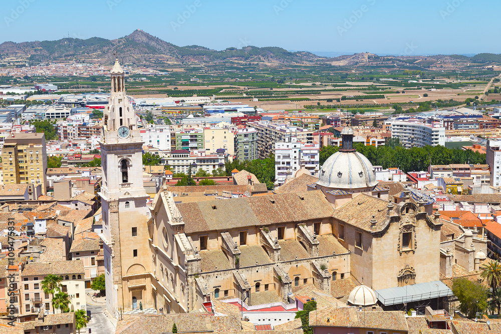 Aerial view of a principal church of Xativa, Spain. Xàtiva on a summer day, eastern Spain, the province of Valencia.