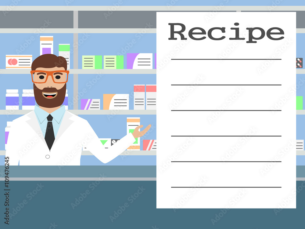 Pharmacist standing near shelves with medications Pharmacist standing near shelves with medications