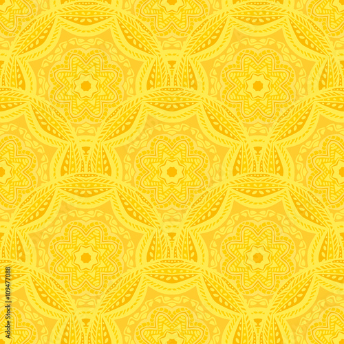 Seamless pattern with beautiful Mandalas in trendy yellow colors. Vector illustration