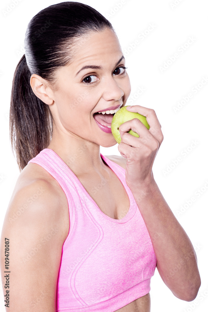 Healthy diet, nutritious diet. Woman eating green apple. Healthy diet, nutritious diet. Woman eating green apple.