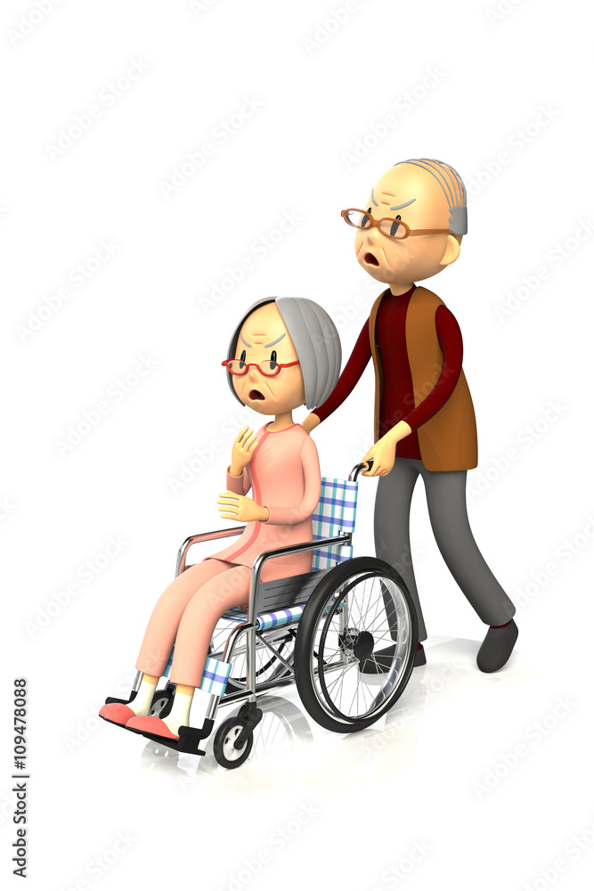 夫に車いすを押してもらう老婦人 夫に車いすを押してもらう老婦人