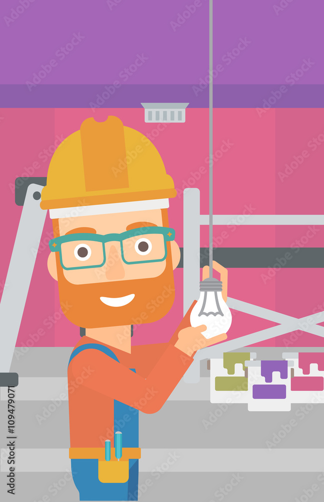 Electrician twisting light bulb. Electrician twisting light bulb.