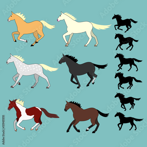 running horses set with silhouettes
