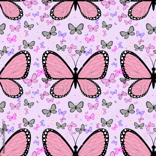 Large pink butterfly surrounded by small multicolored butterflie