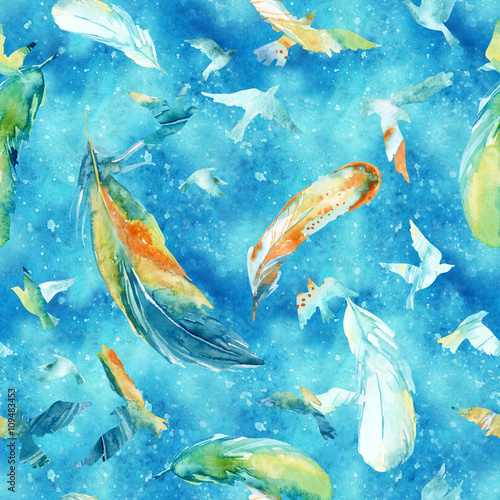 Canvas Print Watercolor silhouettes of flying birds and feathers in the sky