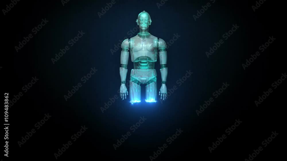 Rotating semitransparency 3D robot body, X-ray scan in digital interface. display