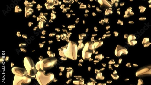 Seamless looping 3D animation of falling golden hearts including alpha matte