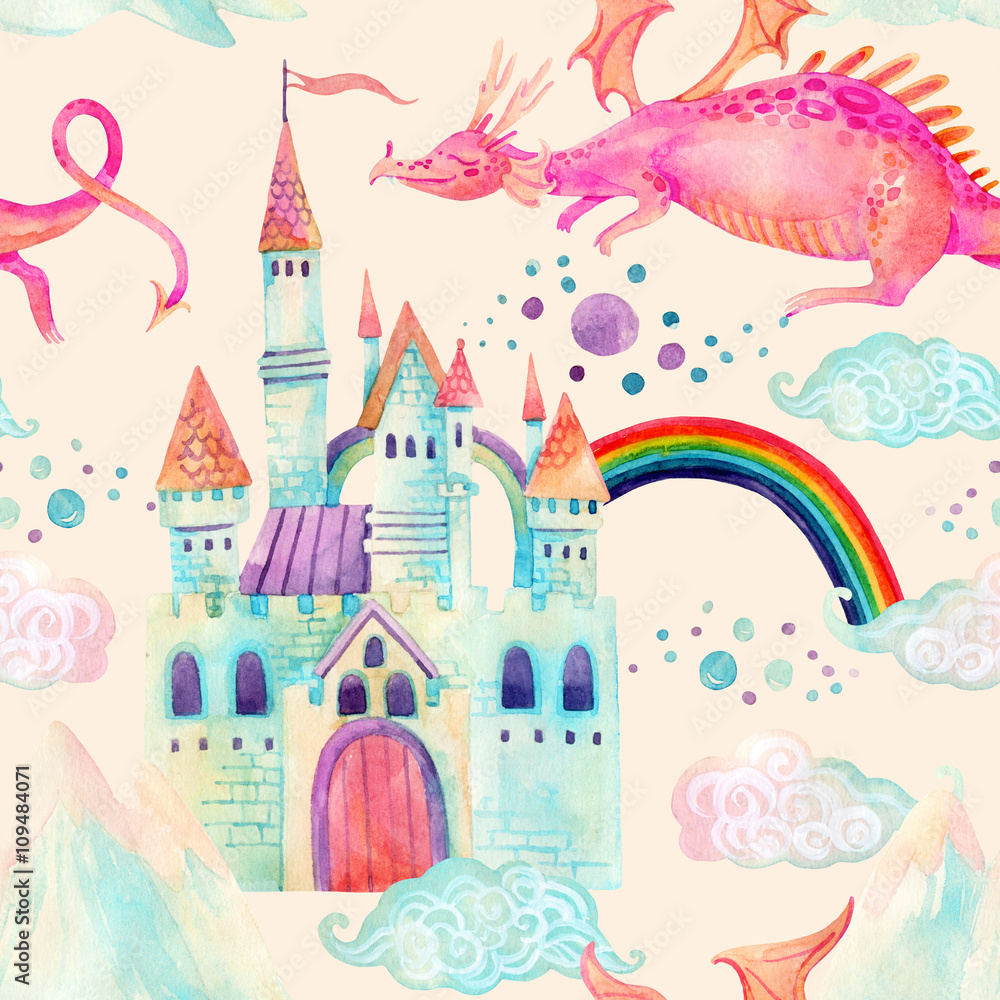 Watercolor fairy tale seamless pattern with cute dragon, magic castle, mountains and fairy clouds