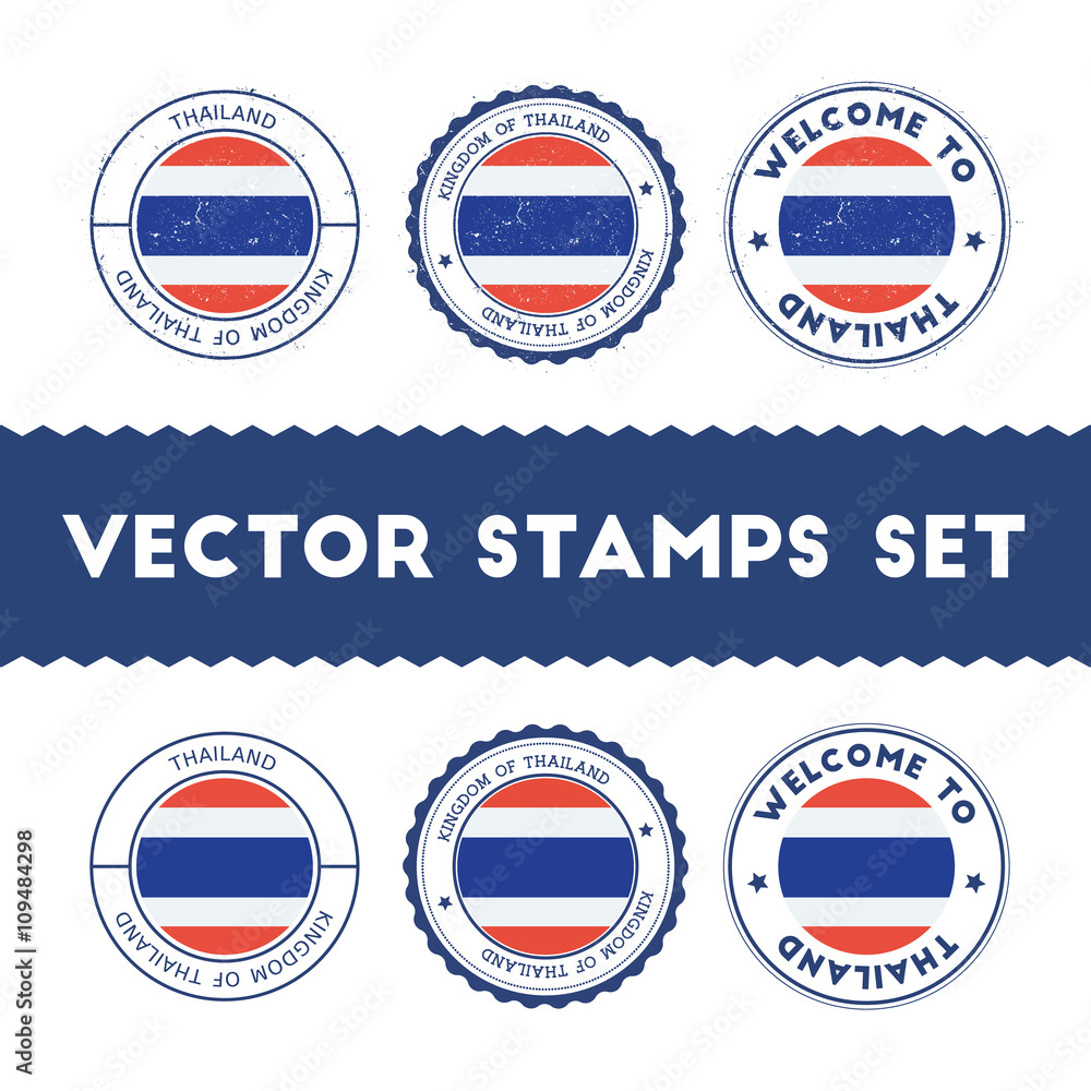 Thai flag rubber stamps set. National flags grunge stamps. Country round badges collection. Thai flag rubber stamps set. National flags grunge stamps. Country round badges collection.
