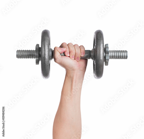 Close up hand men workout dumbbell on white background.