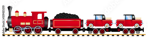 Red cargo train with old cars, vector illustration