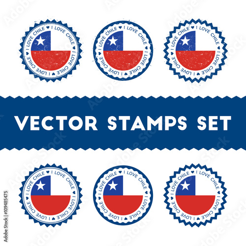 I Love Chile vector stamps set. Retro patriotic country flag badges. National flags vintage round signs.