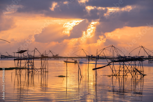 landscape of square dip net at sunrise time