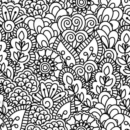 Seamless black and white background. Floral  ethnic  hand drawn elements for design. Good for coloring book for adults or design of wrapping and textile.