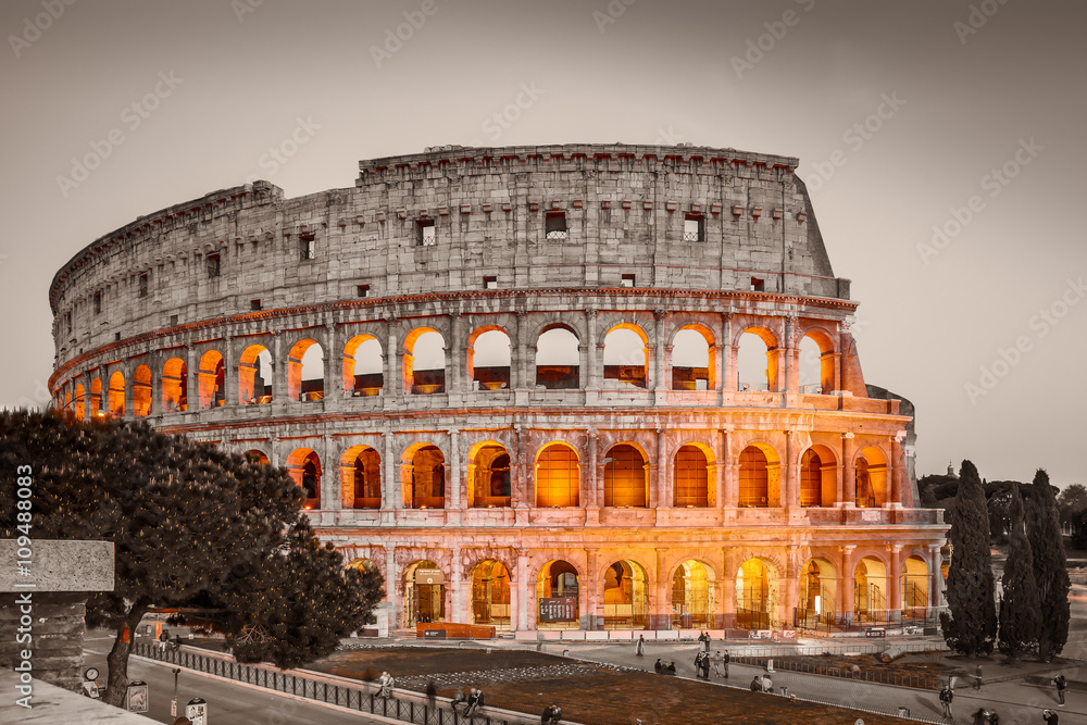 Monochrome view of Colosseum in Rome at night, Italy. /White balance changed/