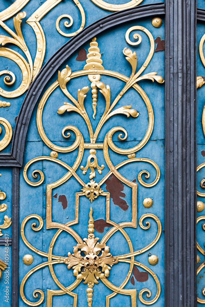 Detail of decorative blue doors