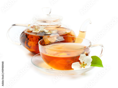 Tea cup kettle isolated white background 