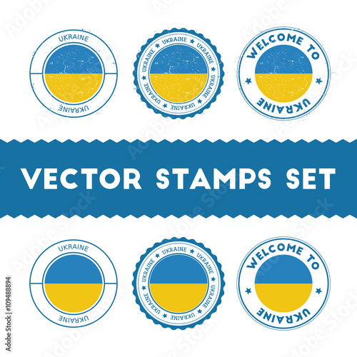 Ukrainian flag rubber stamps set. National flags grunge stamps. Country round badges collection.