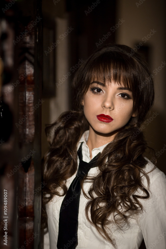 Portrait of beautiful,attractive,upset,serious,sad,nice,cute,lovely,unhappy,stressed,young,nice girl,model,student,school girl with red lips,white blouse,school uniform,tie,curly hair,ponytails in bar Portrait of beautiful,attractive,upset,serious,sad,nice,cute,lovely,unhappy,stressed,young,nice girl,model,student,school girl with red lips,white blouse,school uniform,tie,curly hair,ponytails in bar