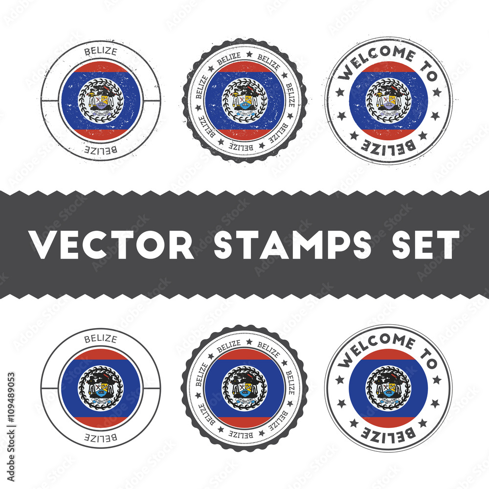 Belizean flag rubber stamps set. National flags grunge stamps. Country round badges collection.