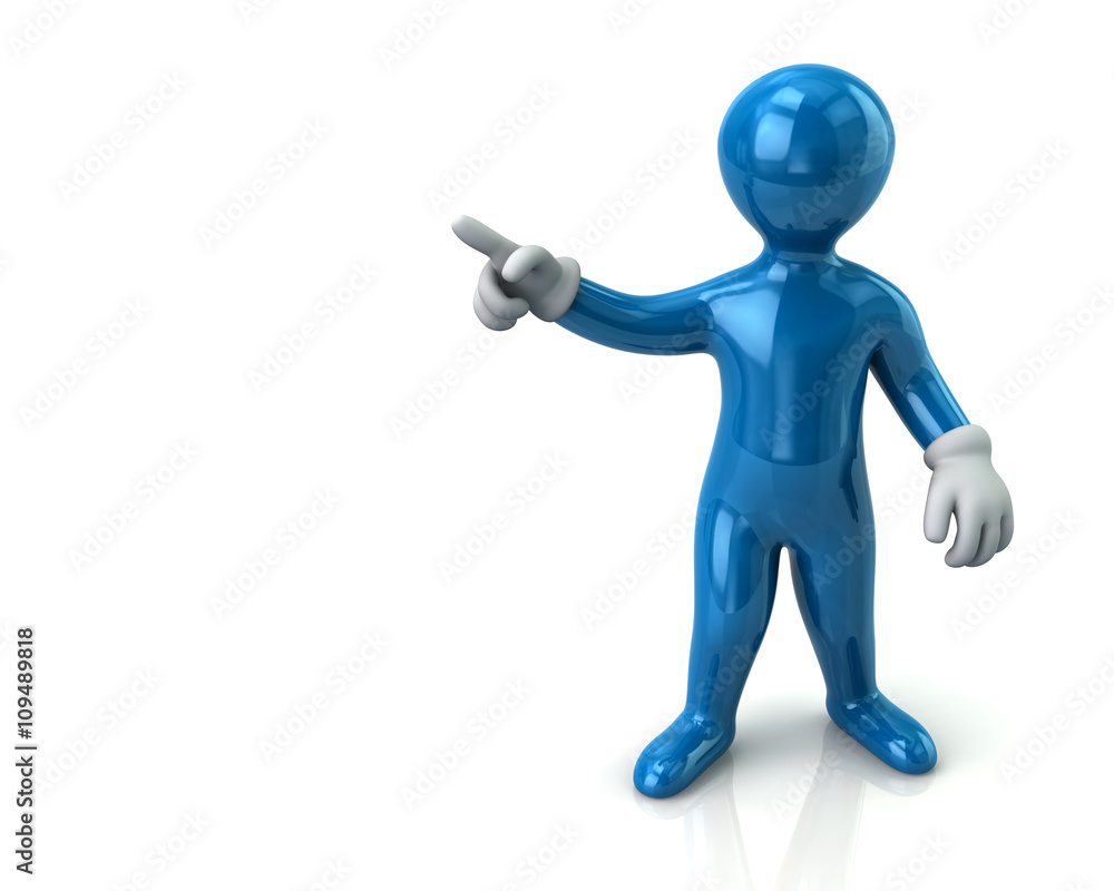 Blue cartoon man pointing with his index finger Blue cartoon man pointing with his index finger