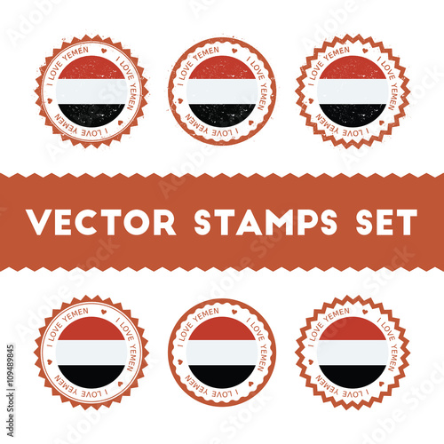 I Love Yemen vector stamps set. Retro patriotic country flag badges. National flags vintage round signs.