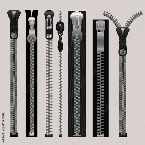 Vector zippers, fastener vector set. Fashion fastener, zippers for cloth, zipper metal, connection zippers illustration