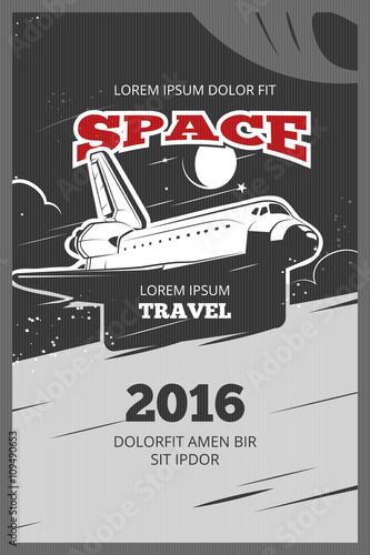 Vintage astronautics vector poster. Astronautic banner space, astronautics  shuttle, astronautics rocket illustration