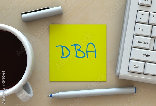 DBA, message on note paper, computer and coffee on table, 3D rendering photo