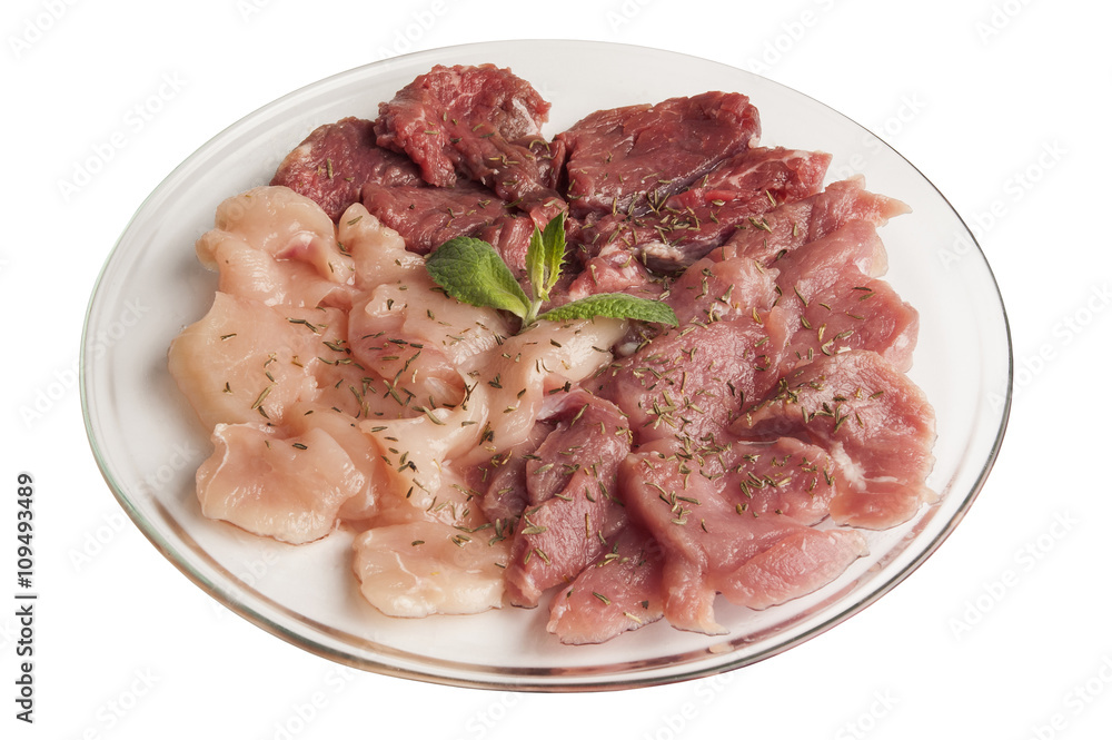 Raw meat on a glass plate