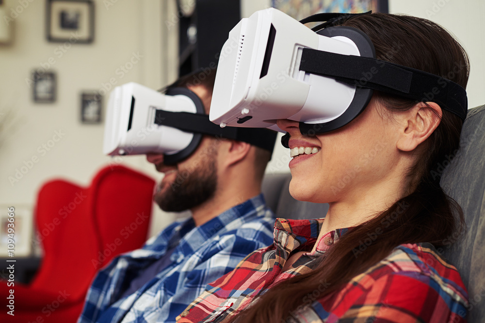 Close up of couple in virtual reality glasses that watching some Close up of couple in virtual reality glasses that watching some