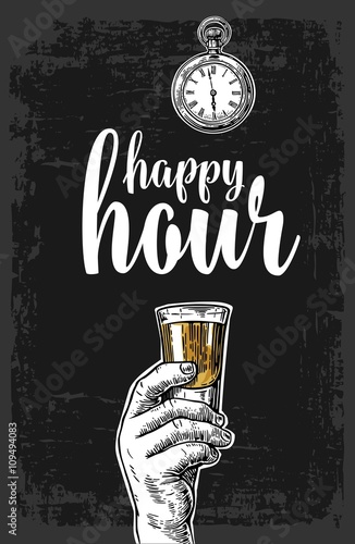 Male hand holding a tequila glass. Vintage vector engraving illustration for label, poster, menu. Isolated on dark background. Happy hour