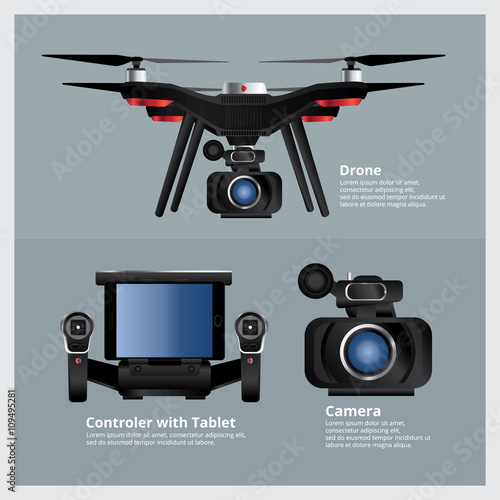Drone with VDO Camera and Controller Vector Illustration