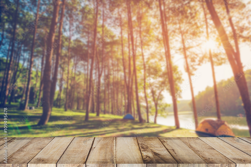 Abstract blurred pine tree and wood table with sunlight vintage Abstract blurred pine tree and wood table with sunlight vintage
