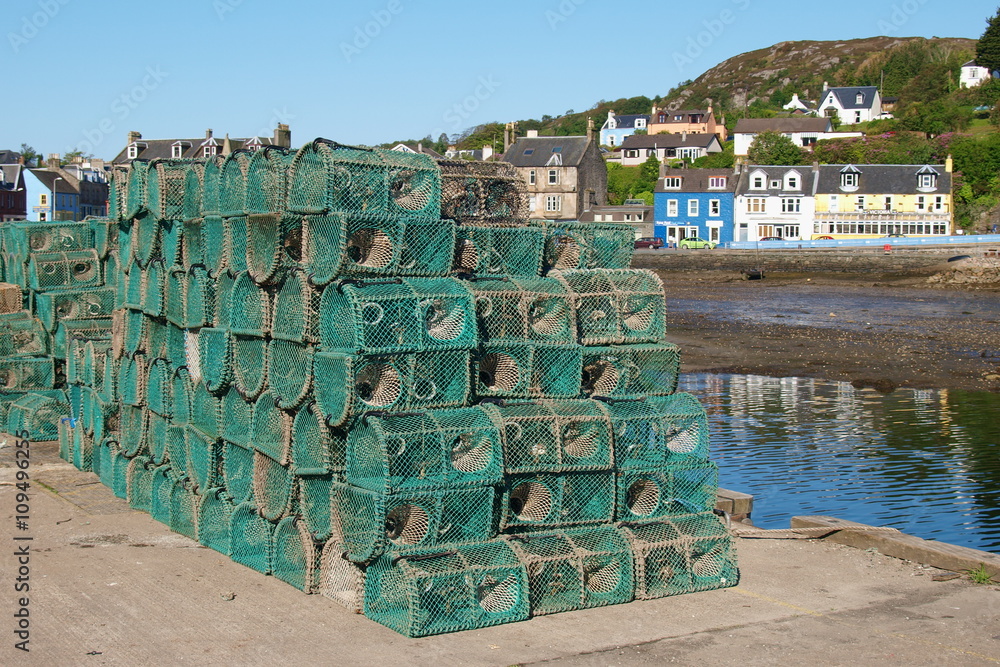 Crab pots in harbor in Scotland