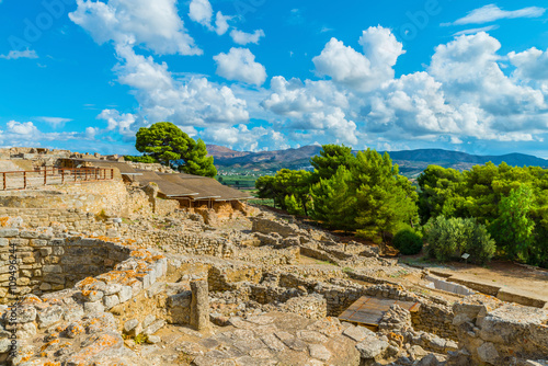Panoramic view on the  ruins of stone road at the the ancient Minoan Palace of Phaistos( Festos ). Located on the plateau of Messara.The district of Heraklion.Crete island. Greece.Europe. photo