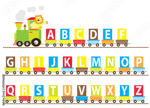 Obraz na płótnie abc learning cartoon train with a smiling lion / vectors letters a-z set for children w salonie