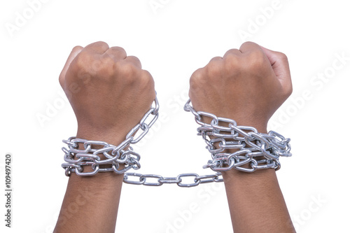 Hands chained in a chain on white background