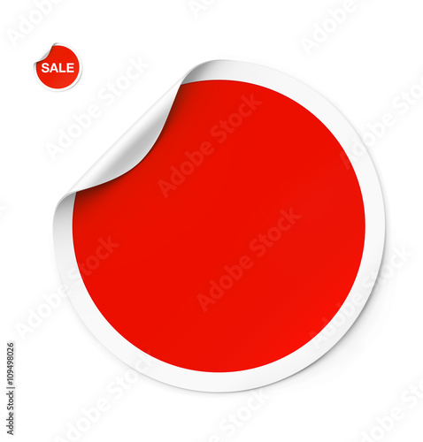 Red sticker with curled corner isolated on white background. Vector illustration