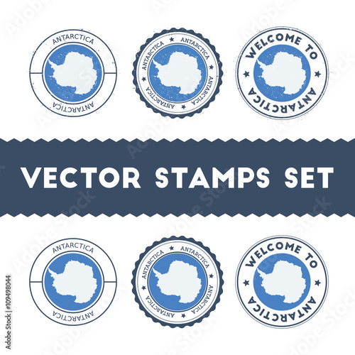 Antarctica flag rubber stamps set. National flags grunge stamps. Country round badges collection.