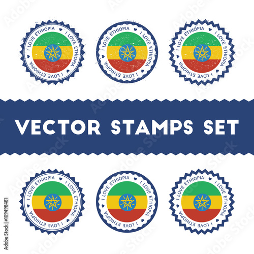 I Love Ethiopia vector stamps set. Retro patriotic country flag badges. National flags vintage round signs.