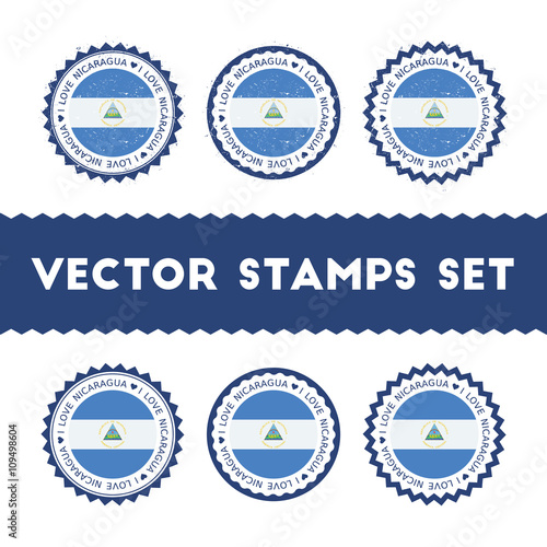 I Love Nicaragua vector stamps set. Retro patriotic country flag badges. National flags vintage round signs.